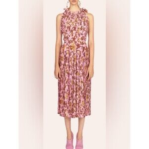 Ulla Johnson Silk Pleated Midi Dress Pink Floral Tie Strap Size 6